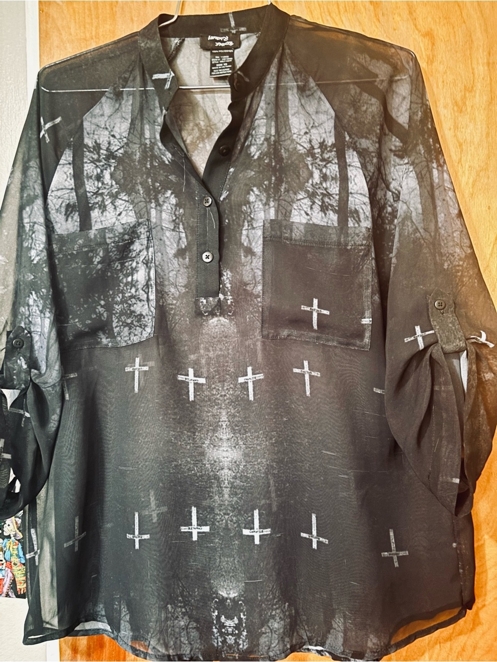 Sheer Black Cross-Print Button Front Blouse Hot Topic old school